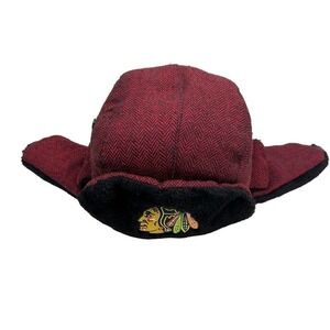 Chicago Blackhawks Trapper Hat Fleece Lined Buckle‎ Red Black Herringbone Men OS
